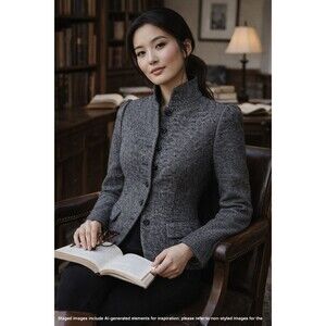 Women's Chaps Wool Blend Herringbone Tweed Jacket | Size 6 | Gray & Black